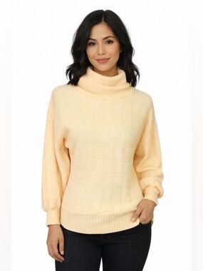 Vintage 70s Fuzzy Turtleneck Sweater Soft Yellow Textured Grid Knit Cozy Retro